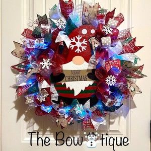 Christmas Snowflake Gnome Holiday Ribbon Door Wreath Handmade 22 ins LED W9